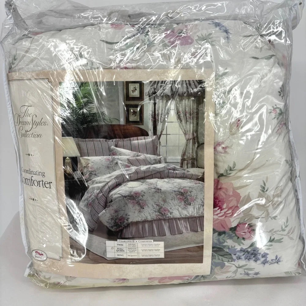 Vintage Bibb Co Charlotte II Floral Stripe Reversible Queen Comforter Pink Green
